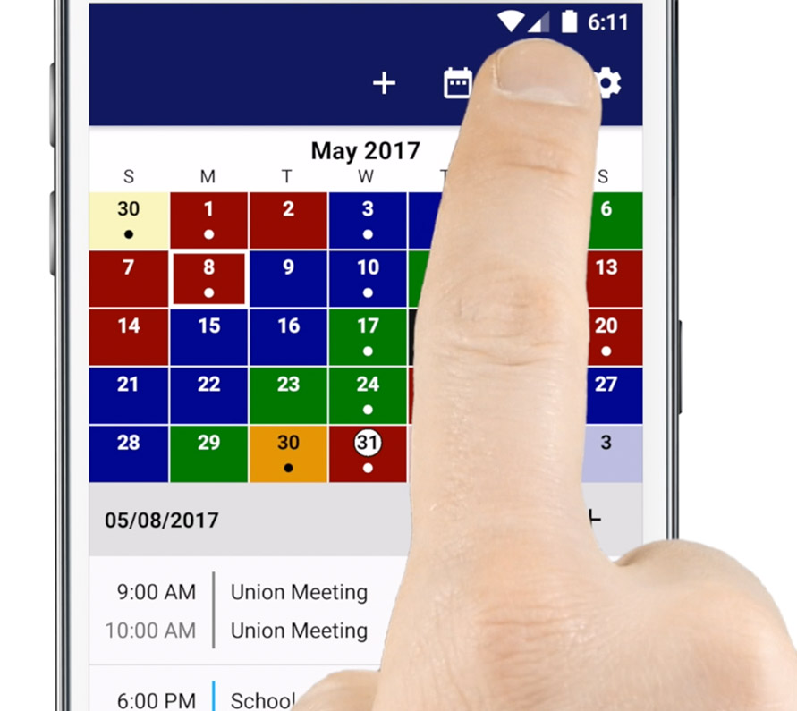 Close-up of the Spark calendar view with a finger tapping an event